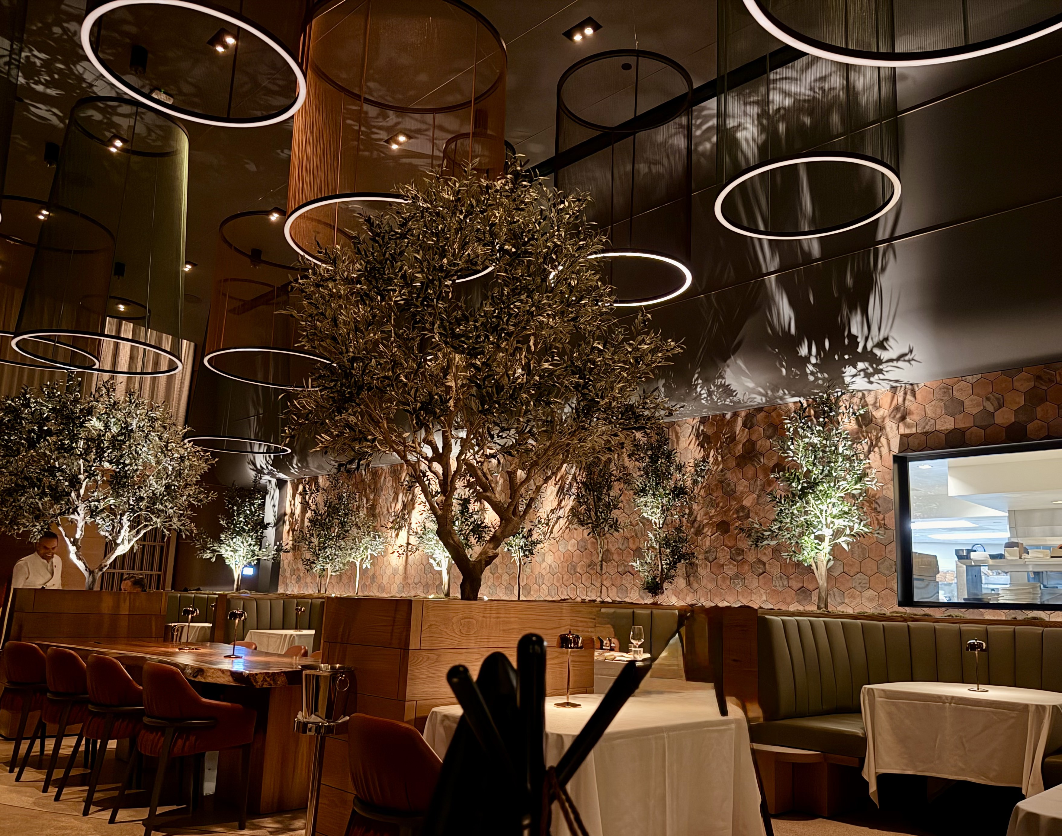 Dining room at Baldi with hanging round light fixtures and olive branches